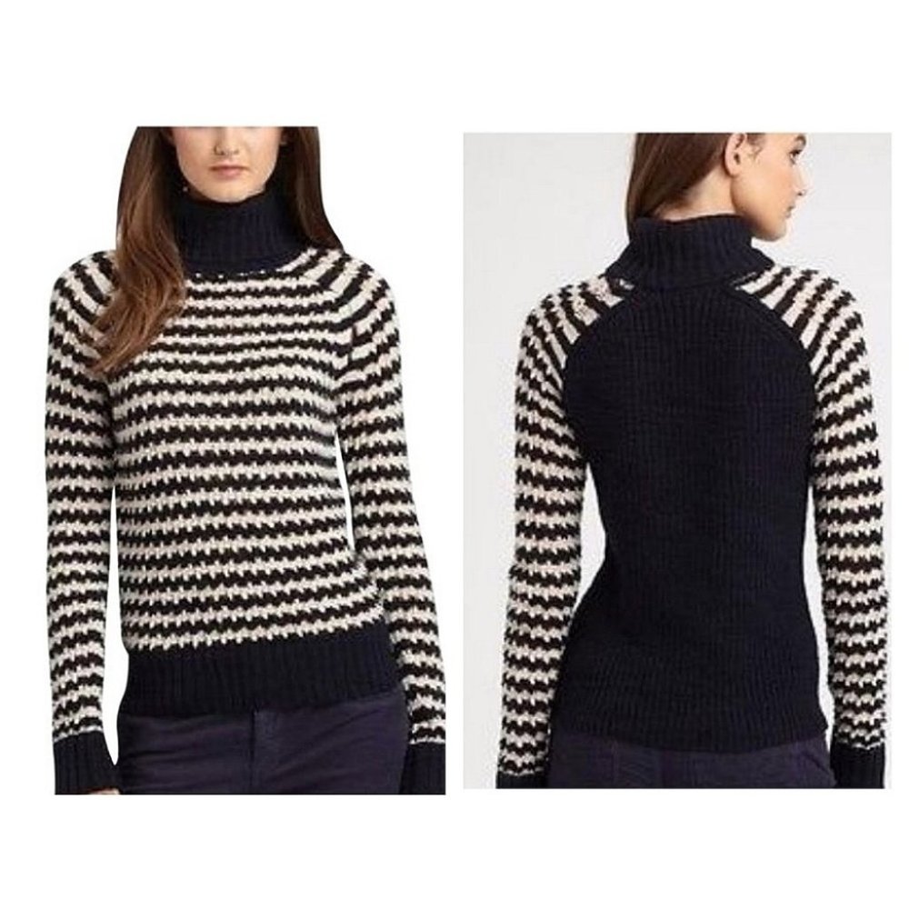 TORY BURCH Sweater Mohair Wool Sweater Carey Turtleneck Navy & Cream Striped XS